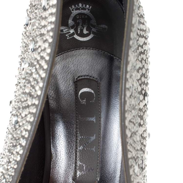 Pre Owned Gina Grey Satin Crystal Embellished Calamity Boots Size 37.5