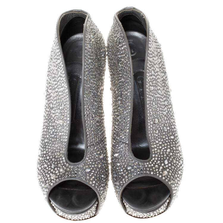 Pre Owned Gina Grey Satin Crystal Embellished Calamity Boots Size 37.5