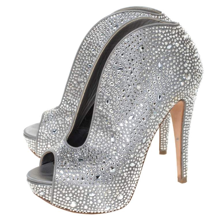 Pre Owned Gina Grey Satin Crystal Embellished Calamity Boots Size 37.5