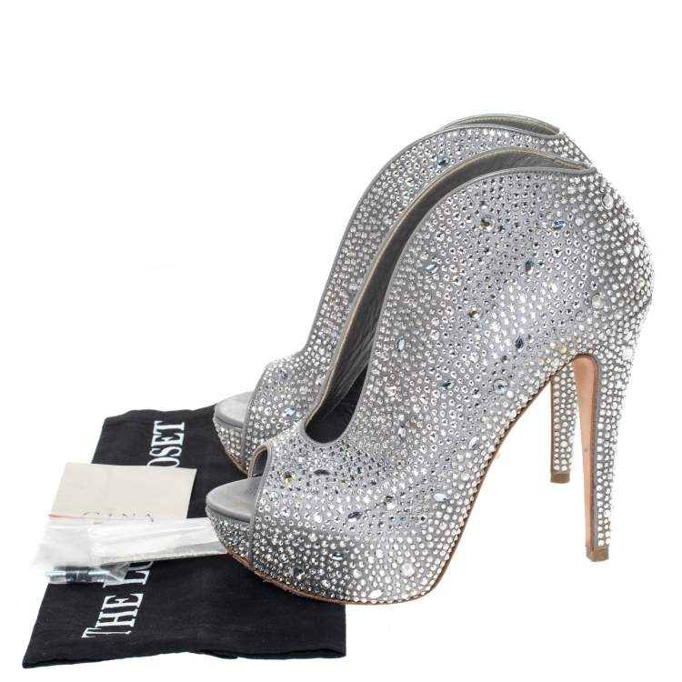 Pre Owned Gina Grey Satin Crystal Embellished Calamity Boots Size 37.5