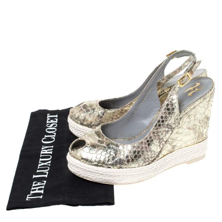 Pre Owned Gina Metallic Gold Python Leather Wedge Espadrille Platform Slingback Sandals Size 36.5