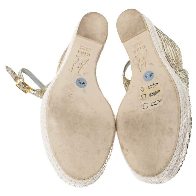 Pre Owned Gina Metallic Gold Python Leather Wedge Espadrille Platform Slingback Sandals Size 36.5