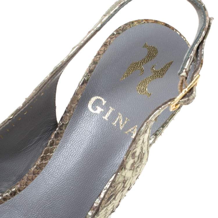 Pre Owned Gina Metallic Gold Python Leather Wedge Espadrille Platform Slingback Sandals Size 36.5