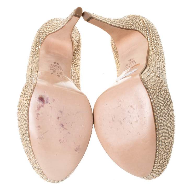 Pre Owned Gina Beige Satin Crystal Embellished Peep Toe Platform Pumps Size 38.5