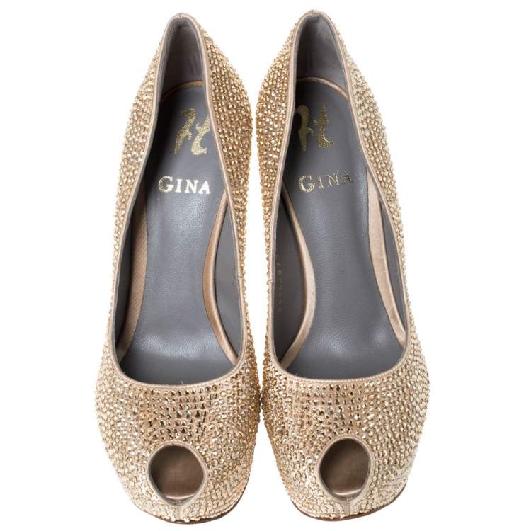 Pre Owned Gina Beige Satin Crystal Embellished Peep Toe Platform Pumps Size 38.5