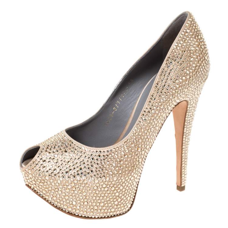 Pre Owned Gina Beige Satin Crystal Embellished Peep Toe Platform Pumps Size 38.5