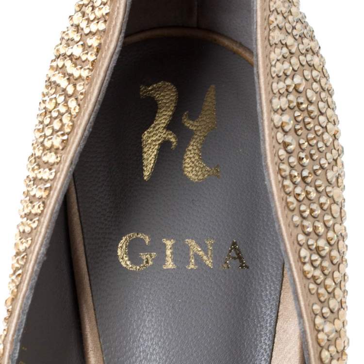 Pre Owned Gina Beige Satin Crystal Embellished Peep Toe Platform Pumps Size 38.5