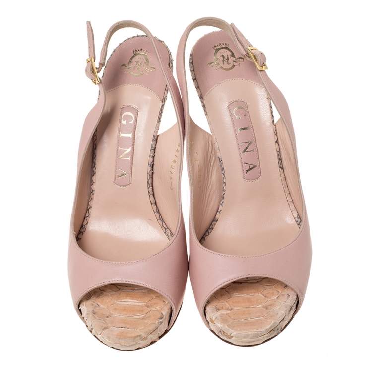 Pre Owned Gina Powder Pink Leather and Python Open Toe Slingback Sandals Size 38