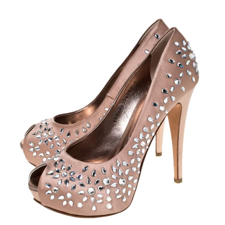 Pre Owned Gina Brown Satin Crystal Embellished Peep Toe Platform Pumps Size 39