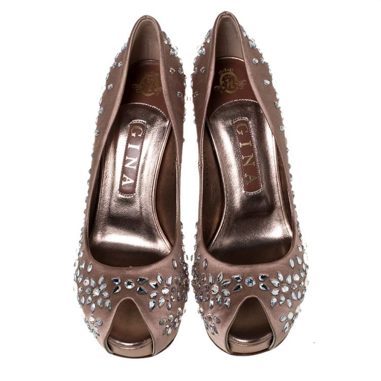 Pre Owned Gina Brown Satin Crystal Embellished Peep Toe Platform Pumps Size 39