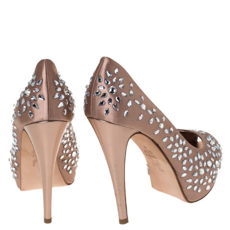 Pre Owned Gina Brown Satin Crystal Embellished Peep Toe Platform Pumps Size 39