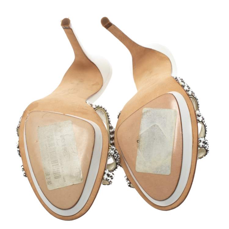 مملوكة مسبقًا Gina White Leather Crystal Embellished Slide Sandals Size 38
