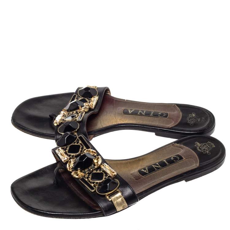 Pre Owned Gina Black Leather Crystal Embellished Flat Slides Size 39
