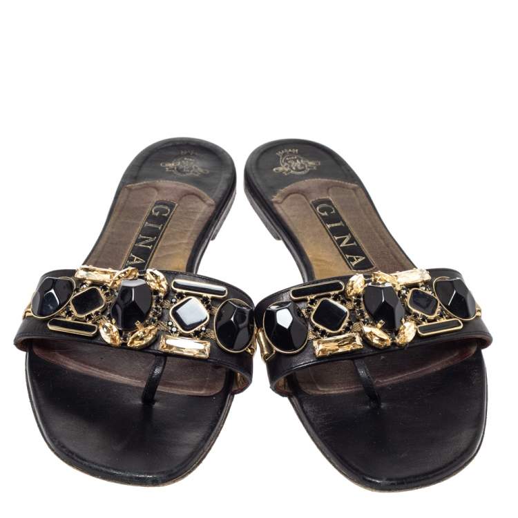 Pre Owned Gina Black Leather Crystal Embellished Flat Slides Size 39