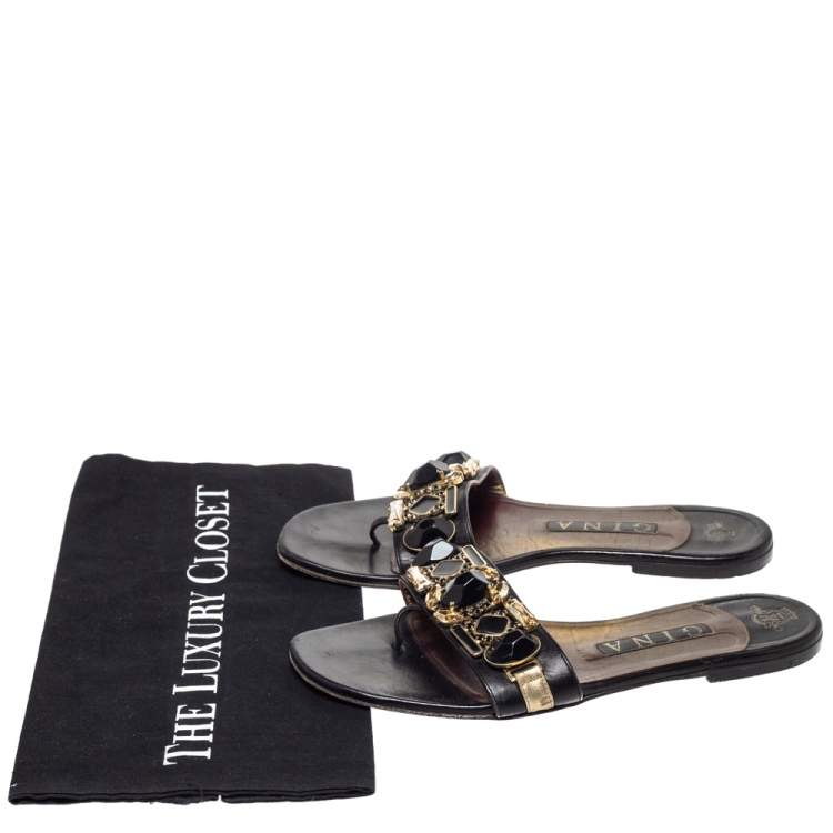 Pre Owned Gina Black Leather Crystal Embellished Flat Slides Size 39