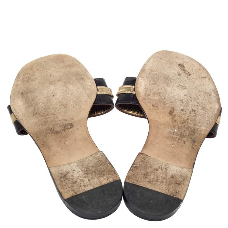 Pre Owned Gina Black Leather Crystal Embellished Flat Slides Size 39