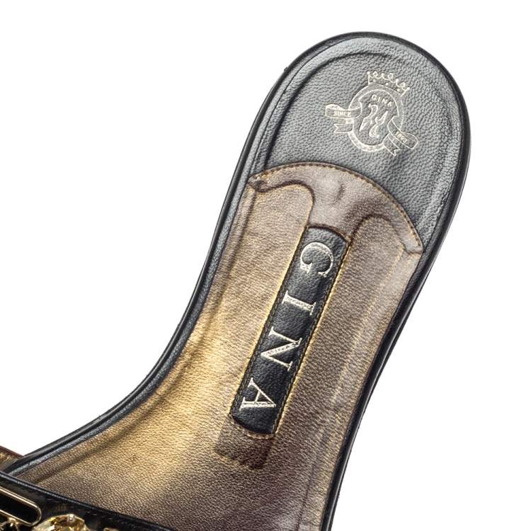 Pre Owned Gina Black Leather Crystal Embellished Flat Slides Size 39