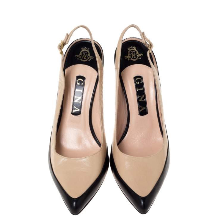 Pre Owned Gina Two Tone Leather Pointed Toe Slingback Sandals Size 38.5