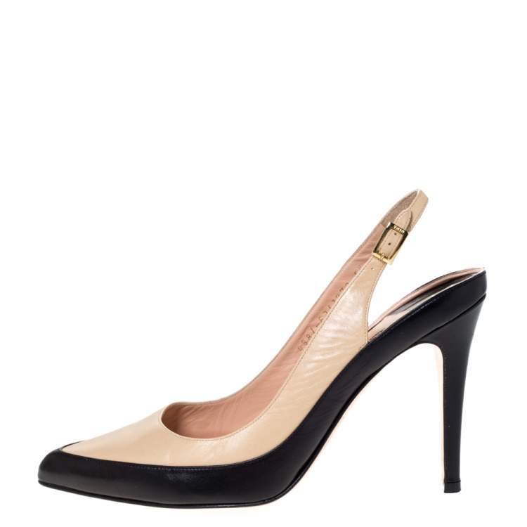 Pre Owned Gina Two Tone Leather Pointed Toe Slingback Sandals Size 38.5