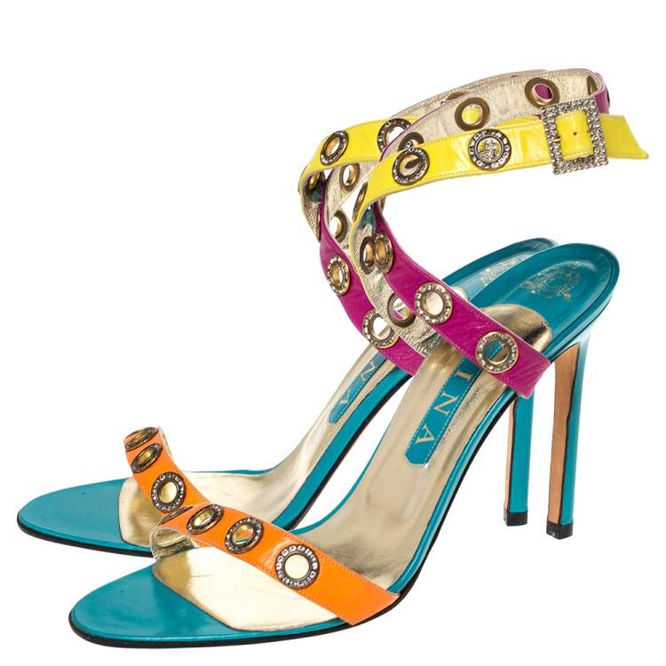 Pre Owned Gina Multicolor Leather Crystal Embellished Ankle Strap Sandals Size 40