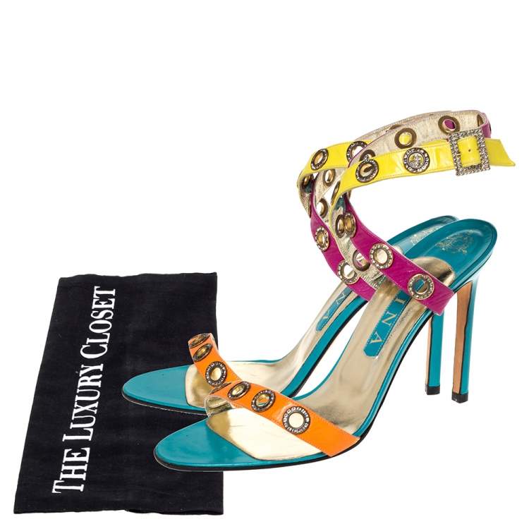 Pre Owned Gina Multicolor Leather Crystal Embellished Ankle Strap Sandals Size 40