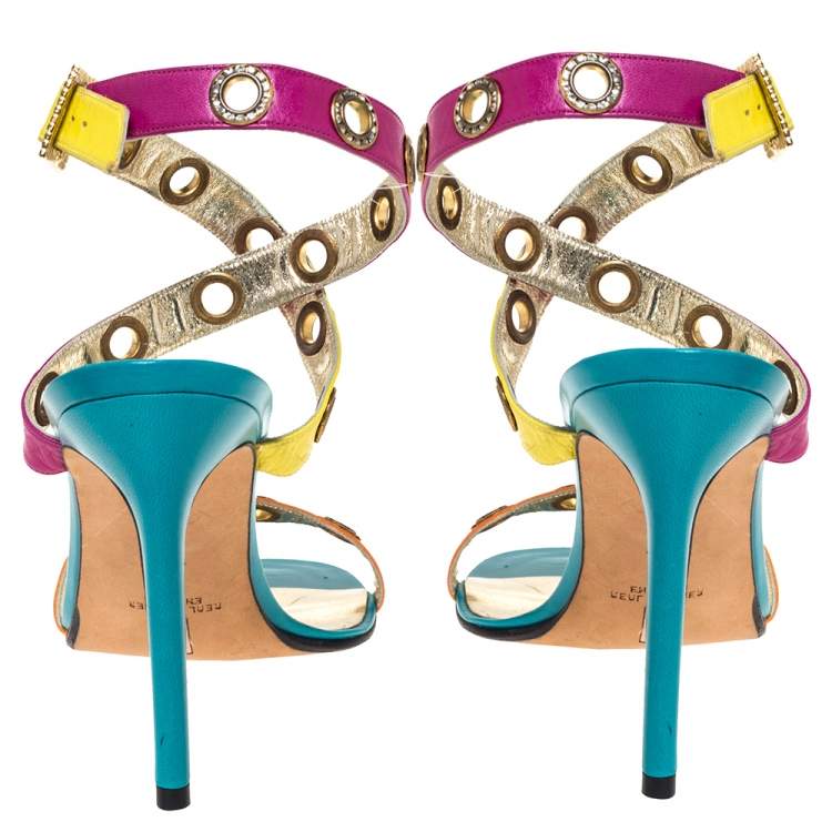 Pre Owned Gina Multicolor Leather Crystal Embellished Ankle Strap Sandals Size 40