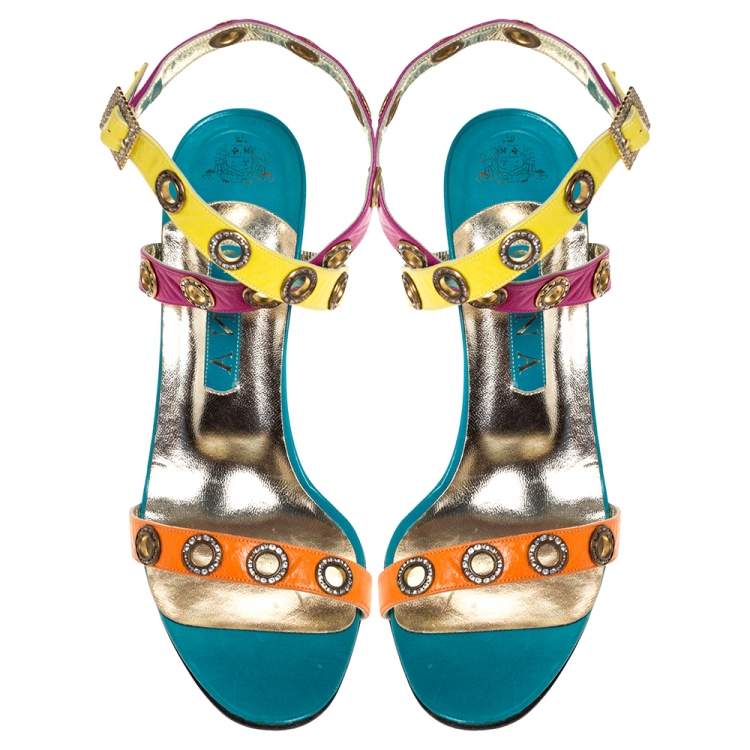 Pre Owned Gina Multicolor Leather Crystal Embellished Ankle Strap Sandals Size 40