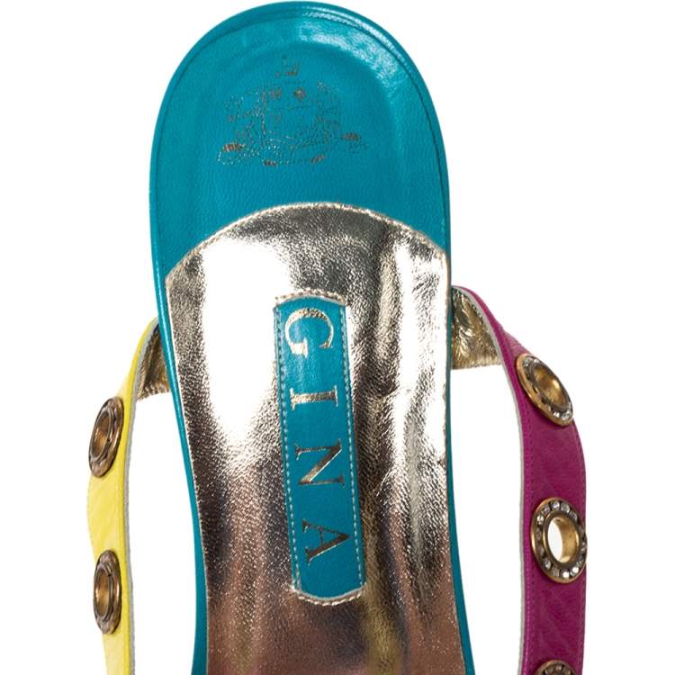 Pre Owned Gina Multicolor Leather Crystal Embellished Ankle Strap Sandals Size 40