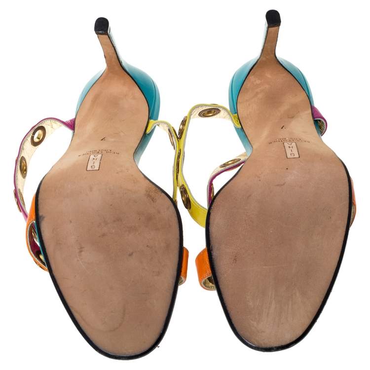 Pre Owned Gina Multicolor Leather Crystal Embellished Ankle Strap Sandals Size 40