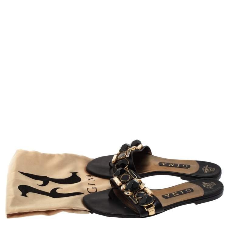 Pre Owned Gina Black Leather Crystal Embellished Flat Slides Size 38