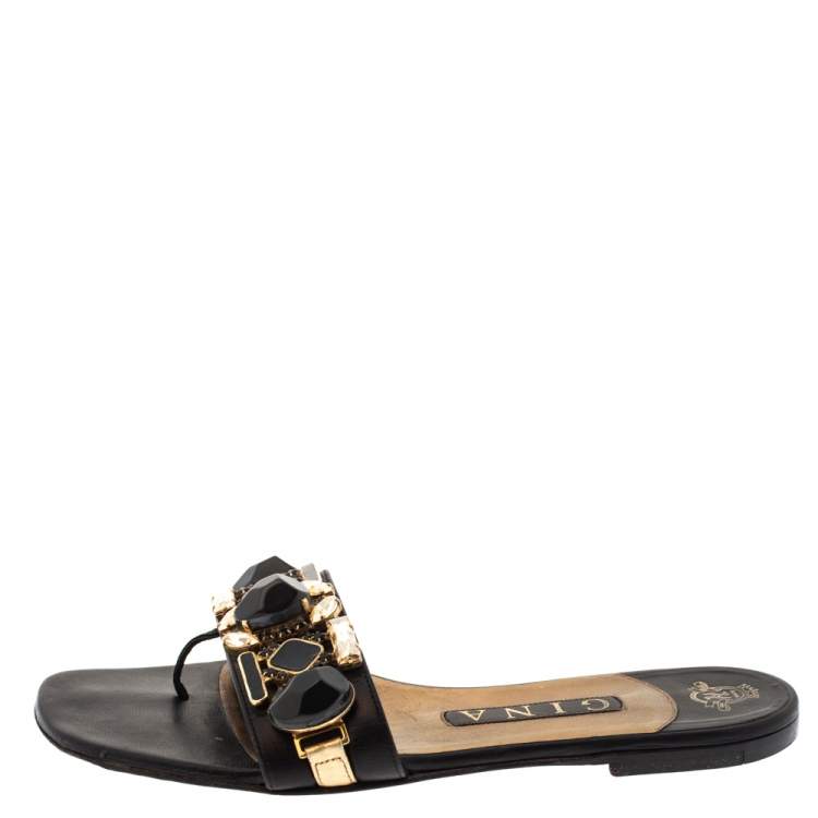 Pre Owned Gina Black Leather Crystal Embellished Flat Slides Size 38