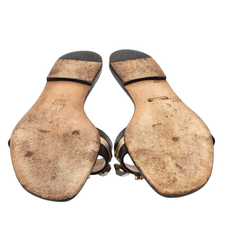 Pre Owned Gina Black Leather Crystal Embellished Flat Slides Size 38