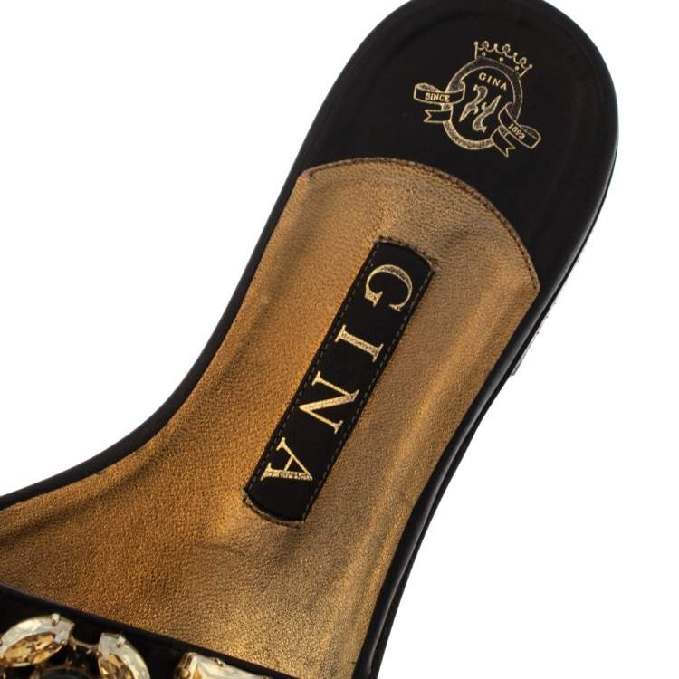 Pre Owned Gina Black Leather Crystal Embellished Flat Slides Size 38