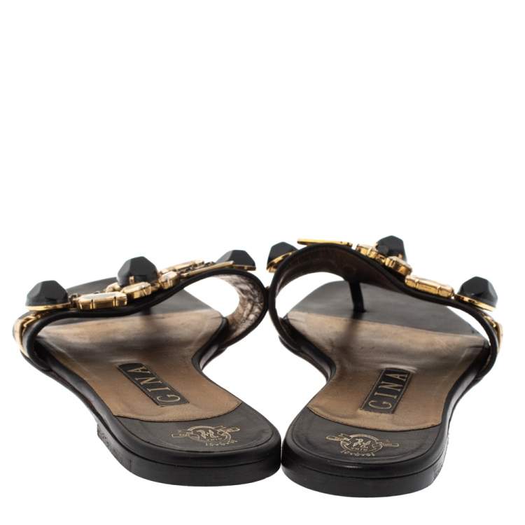 Pre Owned Gina Black Leather Crystal Embellished Flat Slides Size 38