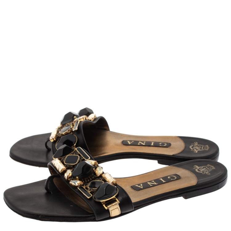 Pre Owned Gina Black Leather Crystal Embellished Flat Slides Size 38