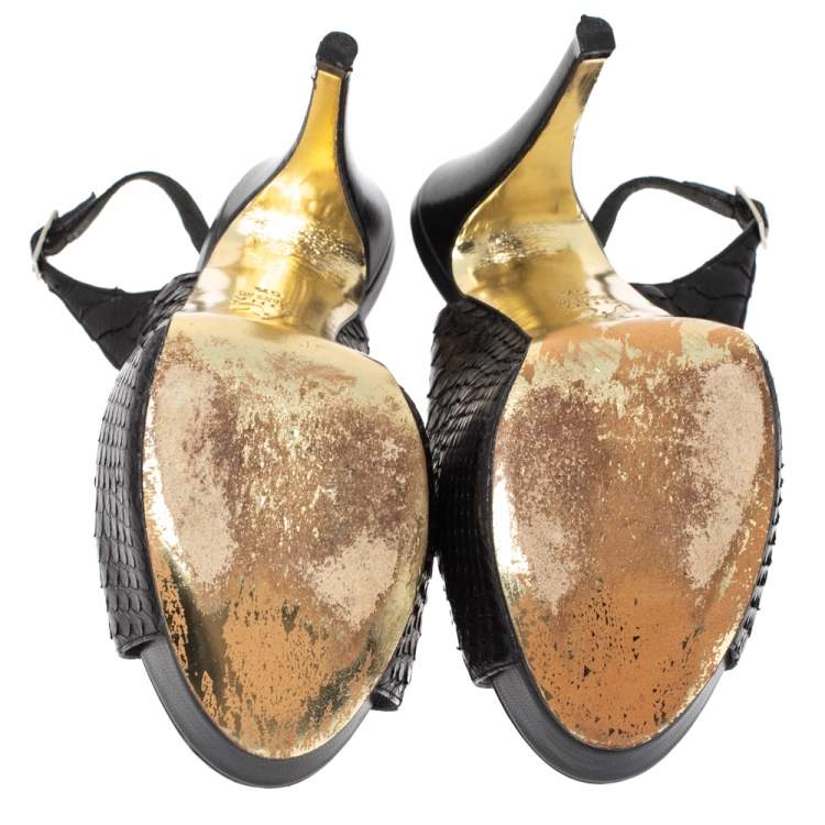 Pre Owned Gina Black Python Embossed Leather Peep Toe Platform Slingback Sandals Size 38.5