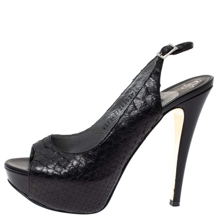 Pre Owned Gina Black Python Embossed Leather Peep Toe Platform Slingback Sandals Size 38.5