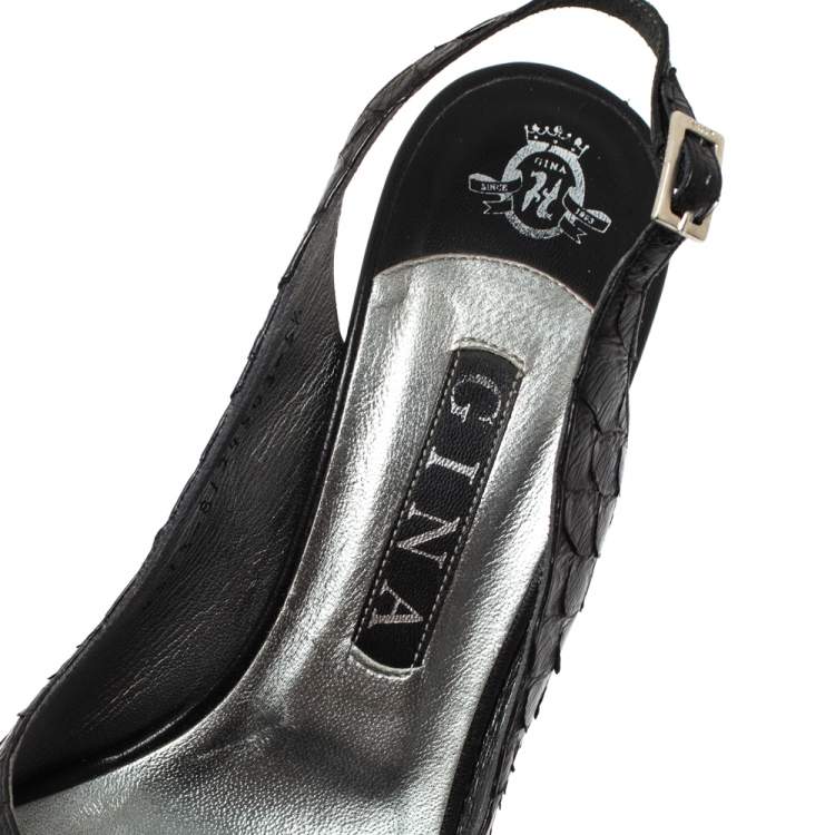 Pre Owned Gina Black Python Embossed Leather Peep Toe Platform Slingback Sandals Size 38.5