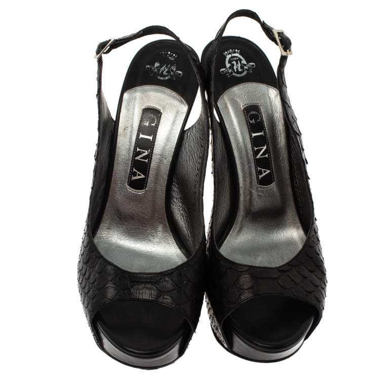 Pre Owned Gina Black Python Embossed Leather Peep Toe Platform Slingback Sandals Size 38.5