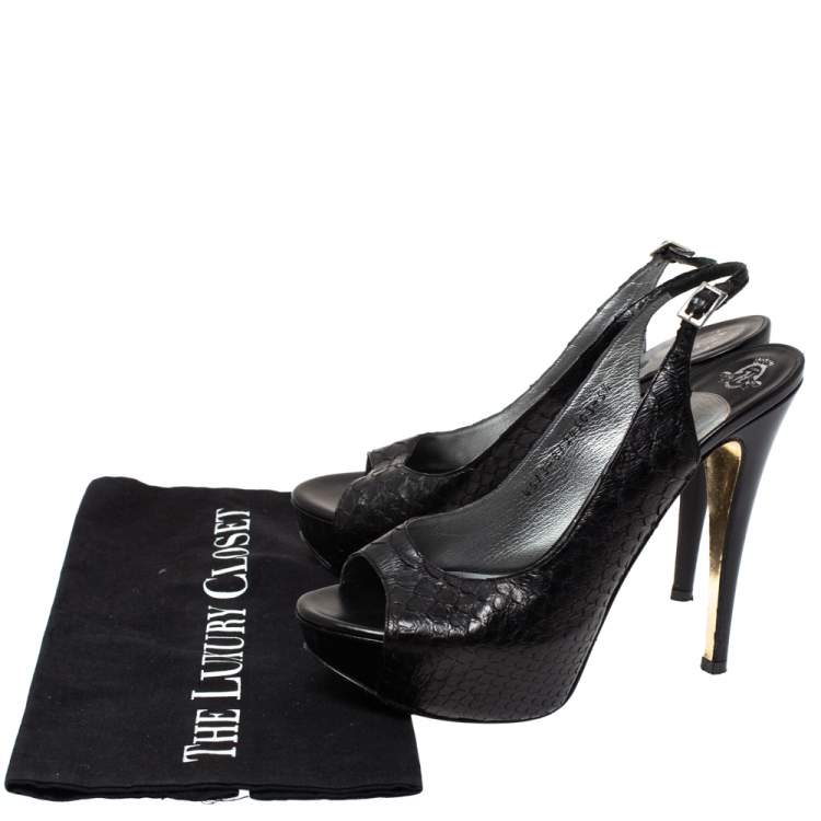 Pre Owned Gina Black Python Embossed Leather Peep Toe Platform Slingback Sandals Size 38.5