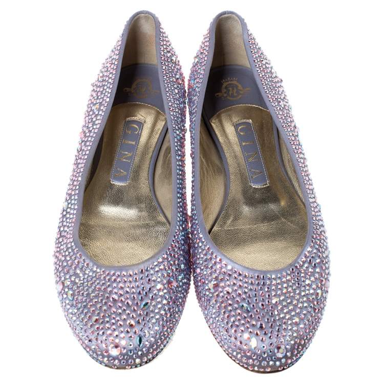 Pre Owned Gina Lilac Crystal Embellished Satin Ballet Flats Size 39
