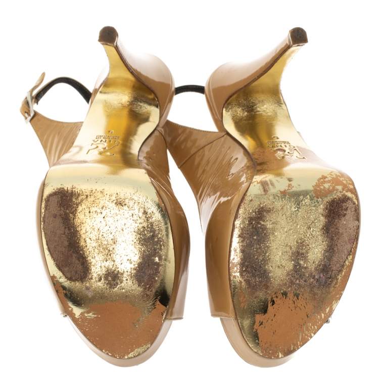 Pre Owned Gina Beige Patent Peep Toe Platform Slingback Sandals Size 38