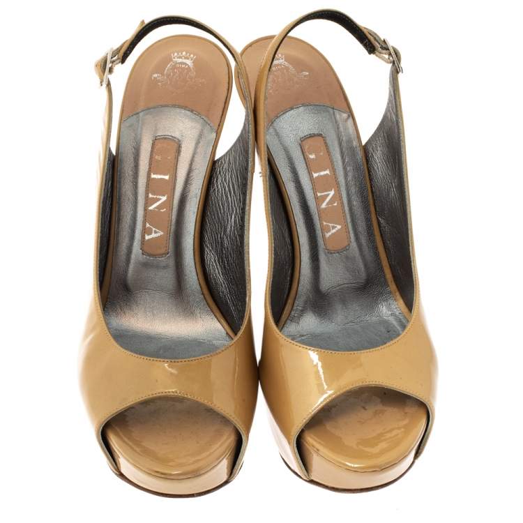 Pre Owned Gina Beige Patent Peep Toe Platform Slingback Sandals Size 38