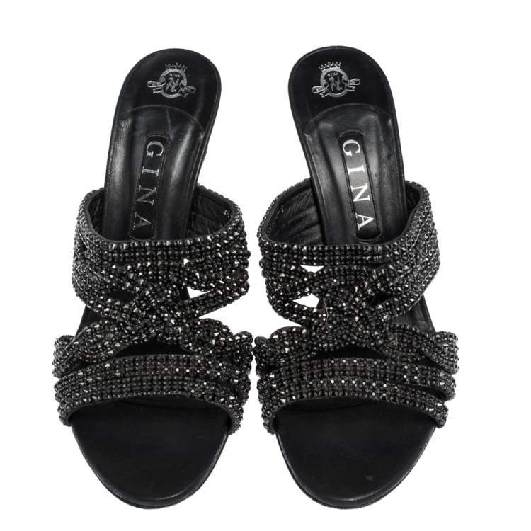 Pre Owned Gina Black Crystal Embellished Leather Slide Sandals Size 41