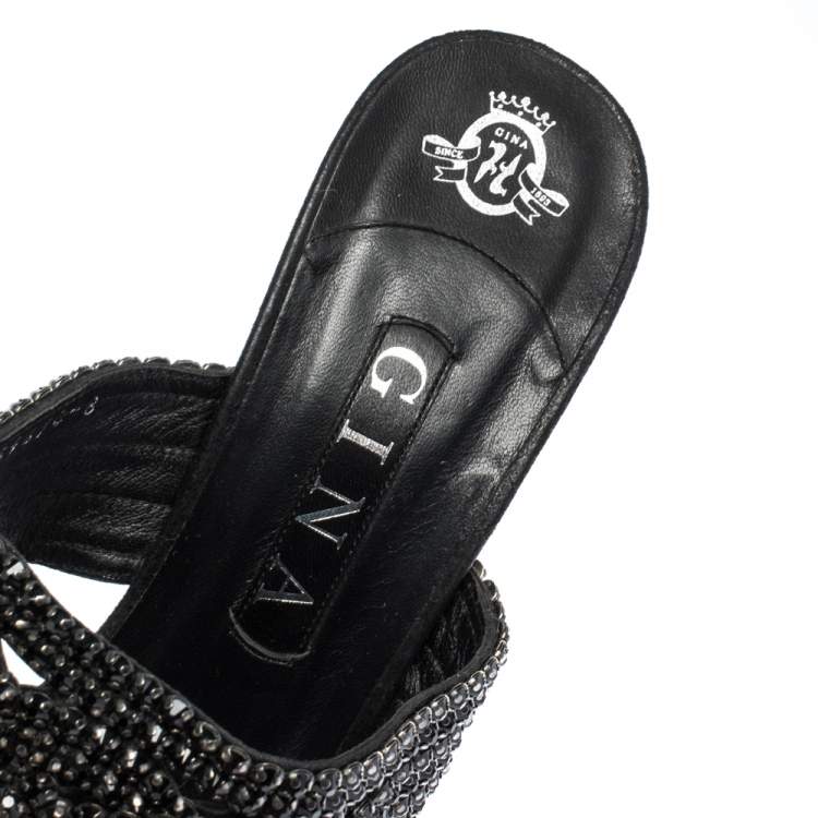 Pre Owned Gina Black Crystal Embellished Leather Slide Sandals Size 41