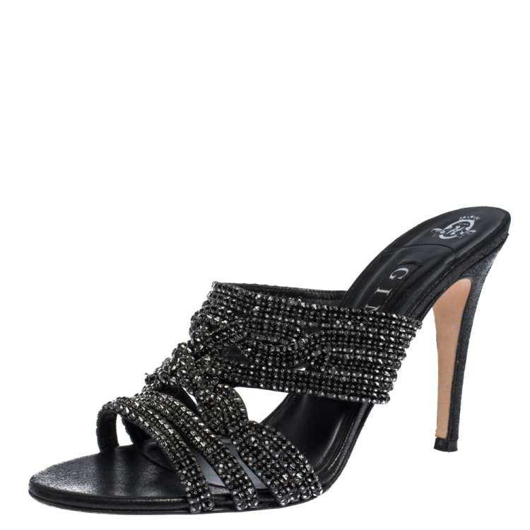 Pre Owned Gina Black Crystal Embellished Leather Slide Sandals Size 41