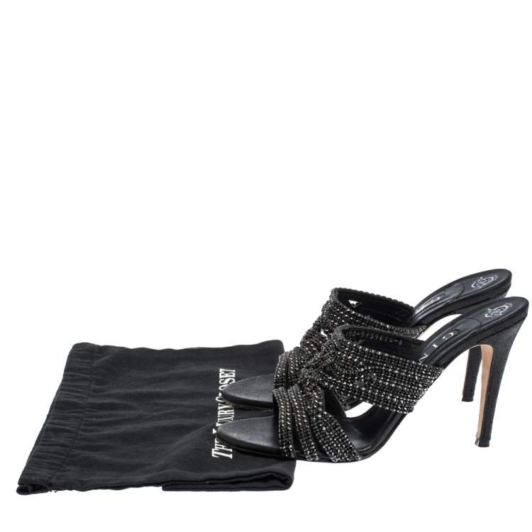 Pre Owned Gina Black Crystal Embellished Leather Slide Sandals Size 41