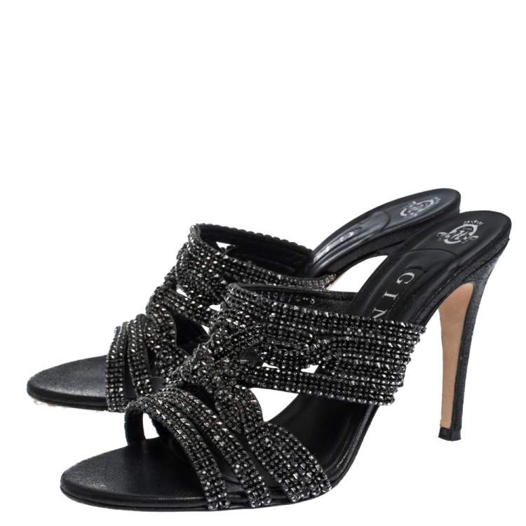 Pre Owned Gina Black Crystal Embellished Leather Slide Sandals Size 41