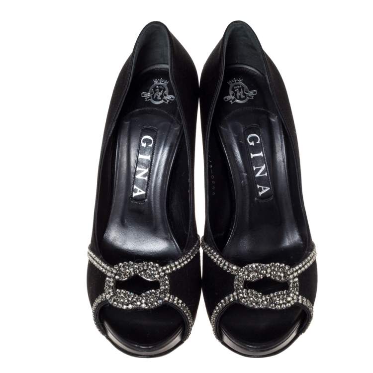 Pre Owned Gina Black Satin Crystal Embellished Platform Peep Toe Pumps Size 39