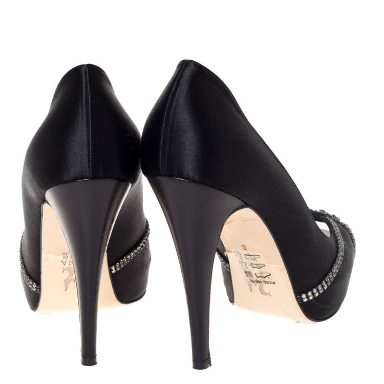 Pre Owned Gina Black Satin Crystal Embellished Platform Peep Toe Pumps Size 39